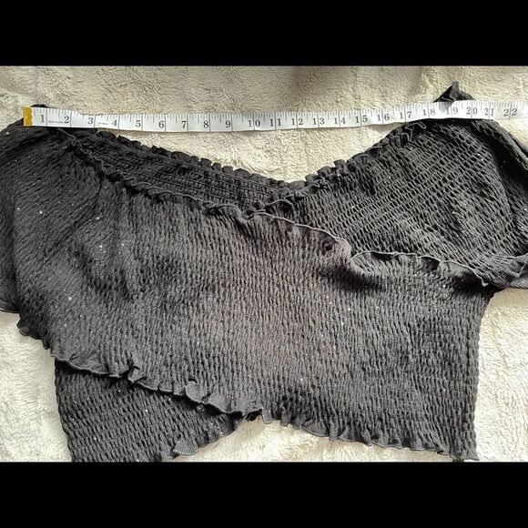 VERONA couture black sparkle smock faux wrap off shoulder crop top with sleeves - Picture 12 of 13